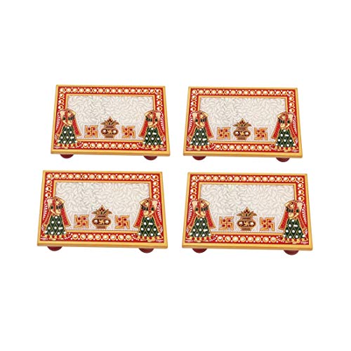 Handicrafts Paradise Marble Puja Chowki Set of 4 pc Rectangle Shape with Kalash Design
