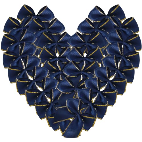 Micomon 50pcs 1.6-Inch Mini Navy Ribbon Bows for Crafts with Gold Edge Blue Ribbon Flowers for Independence Day Holiday Decoration Embalishement(1.6",G.Navy)