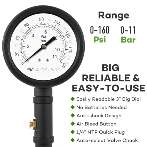 CycloSpirit Universal Bicycle Tire Inflator Gauge with Auto-Select Valve Type - Presta and Schrader Air Compressor Tool (Dial 3" Oversized)