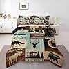 Hunting Woodland Animal Fitted Sheet Full Rustic Fox Bear Deer Moose Bed Sheets,Lake House Fishing Sheet Set For Farmhouse Cabin Lodge,Countryside Bedding Set Brown Teal Flat Sheet 2 Pillow Cases