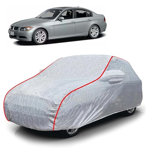 Image of Sulfar 100% Waterproof Car Body Cover Compatible with Mirror for BMW 325i (Triple Stitched, Full Bottom Elastic, Magic Silver with Red Piping)