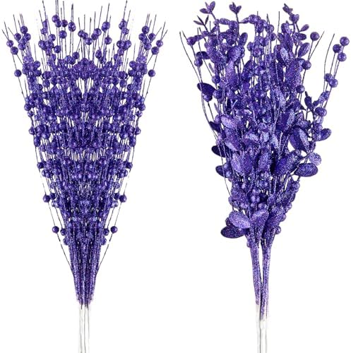 24-Pack Christmas Tree Picks Ornaments, Artificial Glitter Berry Stem Glittery Twigs Ornaments for Christmas Tree Decorations, Small Vase, Holiday, Wedding, Party Decorations (Purple)