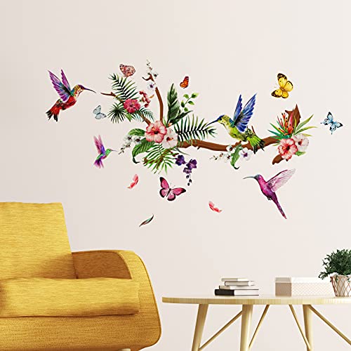 Hummingbirds Wall Decals Peel And Stick Birds Vinyl Wall Stickers Butterfly Flowers Colorful Wall Stickers Hummingbird On The Tree Branch Flower Decals Garden Living Room Bedroom Tv Wall Decorations #TOP4
