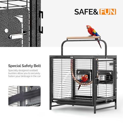 Image of VINGLI Small Bird Cage, 19 inch Travel Carrier Bird Cage with Handle, Wrought Iron Parakeet Cage with Wooden Perch for Parrot Lovebirds Finches Small /Medium Birds (Hammertone Black)