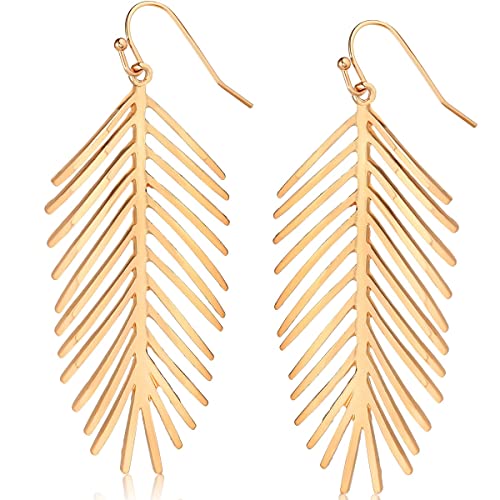 Humble Chic Palm Leaf Dangle Earrings - Long Hanging Tropical Tree Frond Drops for Women - Dangly Bohemian Lightweight Dangling Leaves, Gold Tone Palm