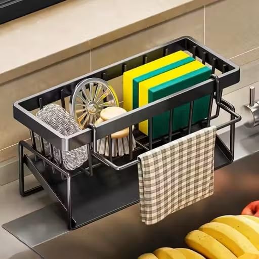 BLUE CRANE Metal Sponge Holder for Kitchen Sink – Auto-Draining Sink Organizer Caddy with Soap Tray, Dish Brush & Towel-Bar Holder, Kitchen Storage Rack (MATTE BLACK)