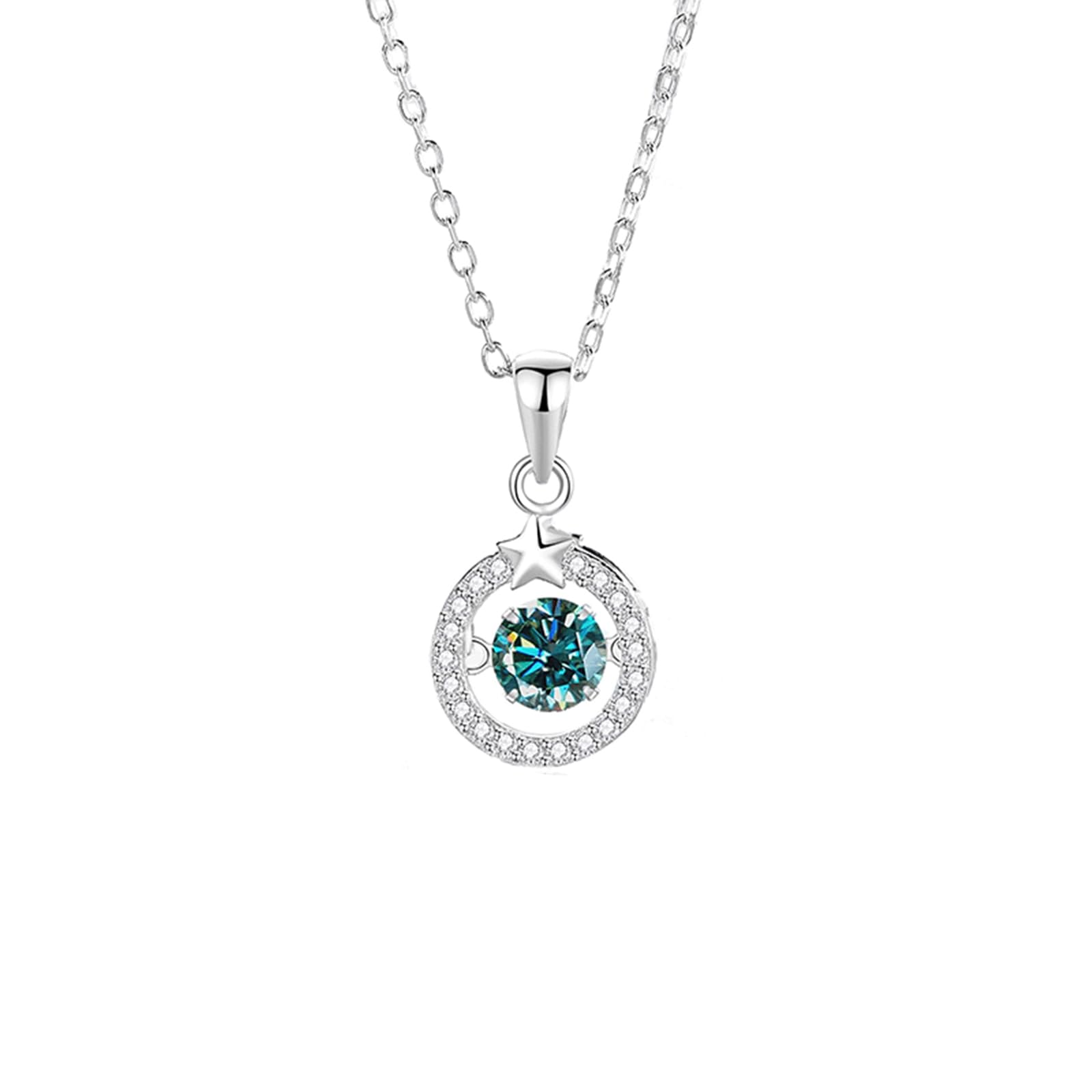 Collar para mujer de boda, collares con colgante de estrella circular de eternidad con moissanita verde azulado de 6 mm