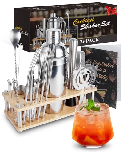 Trongle 26 Pieces Cocktail Shaker Set, 750ml Stainless Steel Cocktail Making Set, Wooden Display Stand