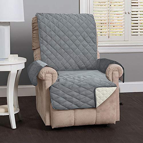 Deluxe Reversible Quilted Furniture Protector. Two Fresh Looks in One. By Home Fashion Designs Brand. (Recliner - Charcoal / Beige), 79