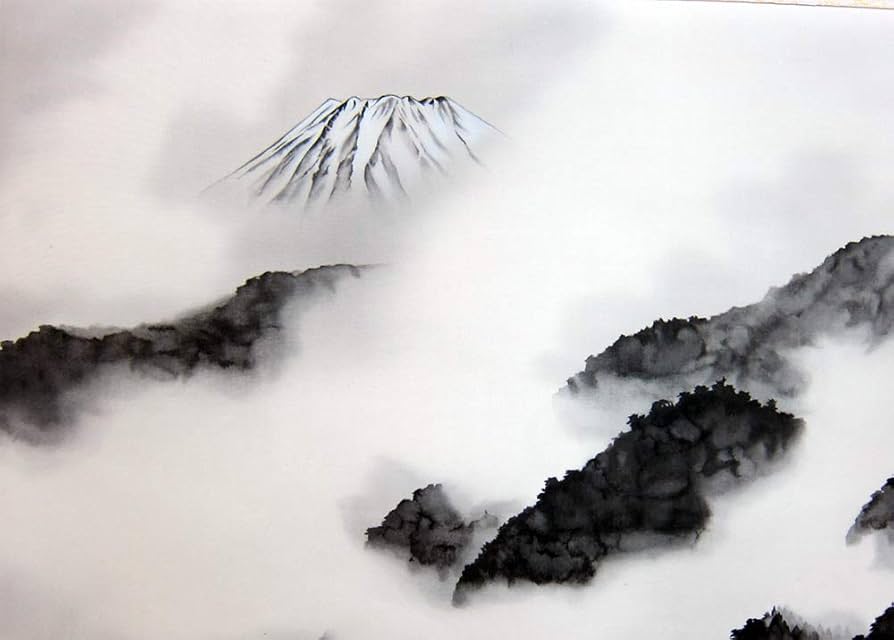 掛け軸 横山大観 水墨画「雨霽る」巨匠！ 遠くにいる富士に魅了されます 掛け軸 横山大観 水墨画「雨霽る」巨匠！ 遠くにいる富士に魅了