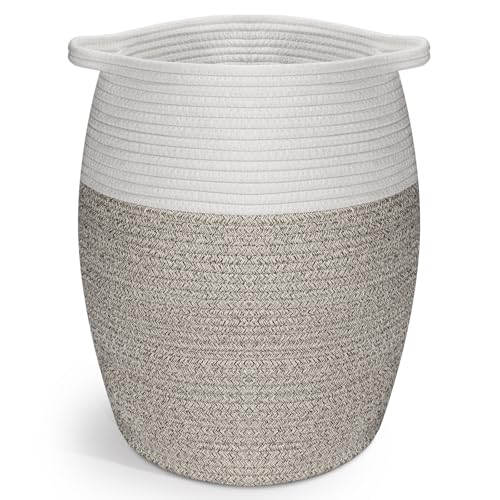 Rieeyrslza Cotone Cesto Intrecciato Curvo 40L Cesto Portabiancheria in Corda Intrecciata con manico, in Soggiorno, Magazzino, Decorazione Cestini Stoccaggio 30 x 45 CM (Bianco+Marrone)