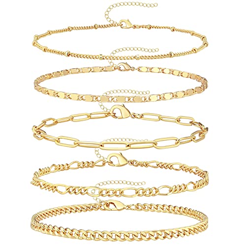 Gokeey 14k Gold Plated Ankle Bracelets for Women Layered Anklet Set Waterproof Paperclip Satellite Mirror Figaro Cuban Chain Beach Anklet Bracelet Jewelry Gifts Adjustable Size