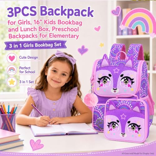 Image of KLFVB 3PCS Backpack for Girls and Boys, 15 inch Unicorn Dinosaur Bookbag with Lunch Box, Kids Preschool School bag