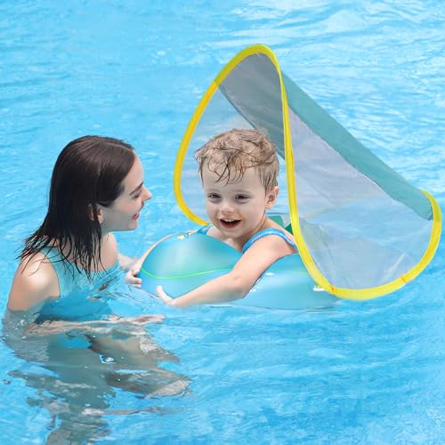 Image of Free Swimming Baby Inflatable Baby Swim Float with Sun Canopy Size Improved Infant Pool Floaties Swimming Pool Toys for The Age of 3-36 Months(Blue, Small)