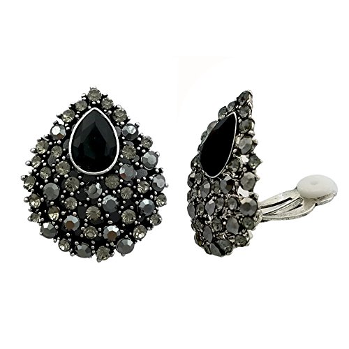 SELOVO Black Austrian Crystal Teardrop Clip on Stud Earrings Stone Silver Tone