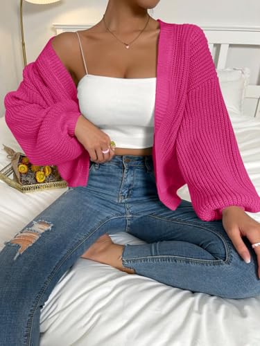 Image of Women's Crop Cardigan Swewater Long Lantern Sleeve Bishop Open Front Ribbed Knit Sweater