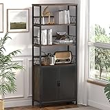 Aubtik Farmhouse Bookshelf with Storage, Rustic Book Shelf with Doors, Industrial Tall Wood Bookcase