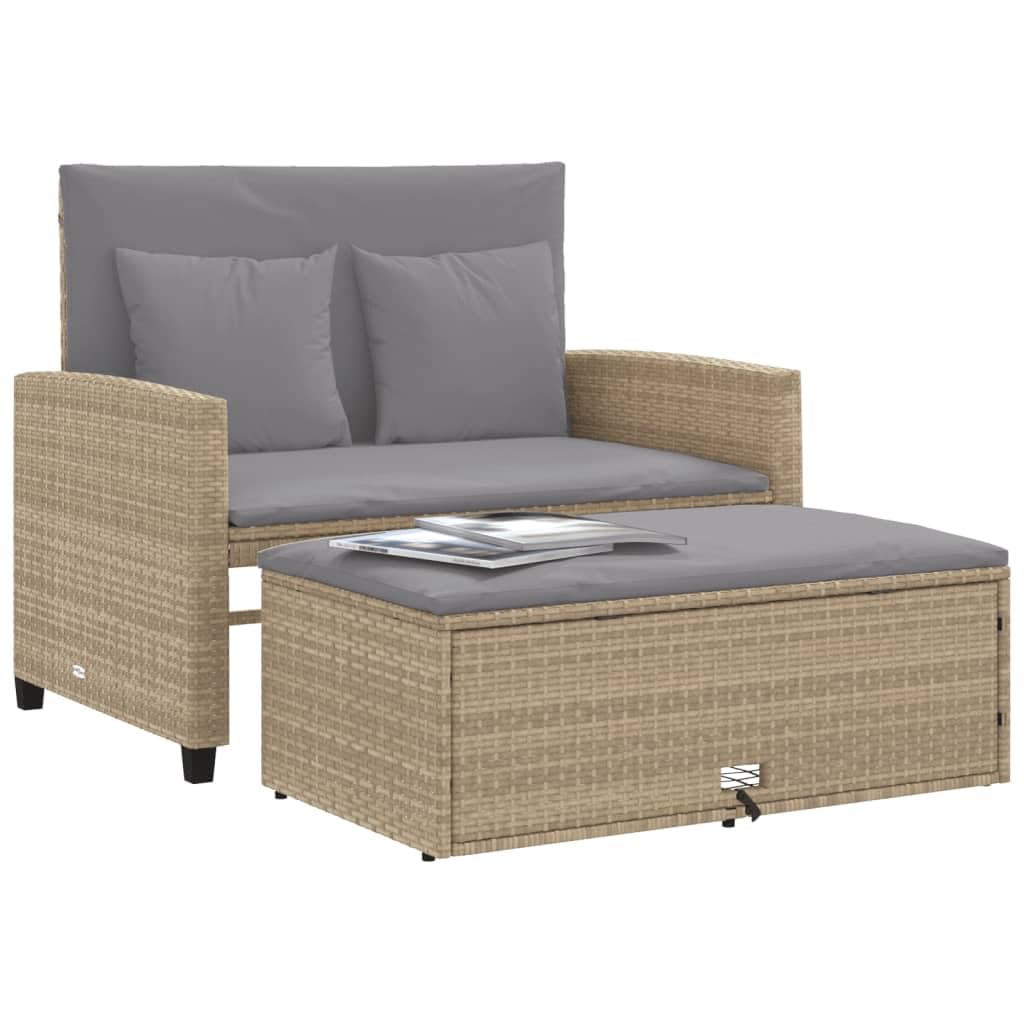 Sofá de jardín de 2 plazas beige de ratán sintético con cojín, sofá cama plegable y taburete con espacio de almacenamiento, muebles de jardín de ratán de polietileno para terraza y balcón