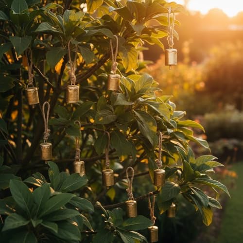 Image of Pack of 10 Vintage Rustic Mini Bells with Rope | Decorative Hanging Ghanti for Home, Diwali Pooja, Wall Decor, Christmas & Craft Supplies