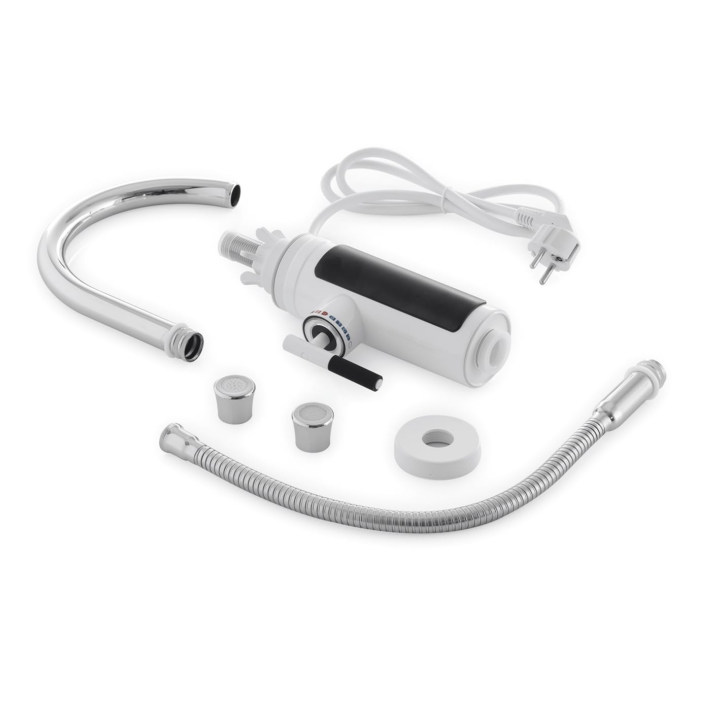 EASYmaxx Warm- & Kaltwasserarmatur mit Durchlauferhitzer | Mit digitaler LED-Temperaturanzeige | Ideal für Werkstatt, Garage, Camping, Garten und Terrasse | Unkomplizierte Montage [Weiss/Edelstahl]