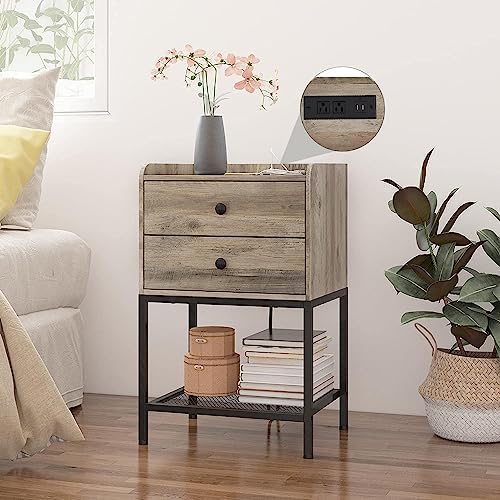 Saedew Nightstand with Charging Station and 2 USB Ports, Grey Side Table with 2 Drawers and Metal Shelf for Bedroom, Living Room