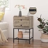 Saedew Nightstand with Charging Station and 2 USB Ports, Grey Side Table with 2 Drawers and Metal Sh
