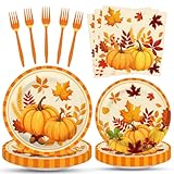 100 Pcs Fall Pumpkin Leaves Tableware Party Supplies Set, Serves 25 – Disposable Autumn Harvest Paper Plates, Napkins, and Forks, Thanksgiving Day Dinnerware for Friendsgiving Gatherings Decorations