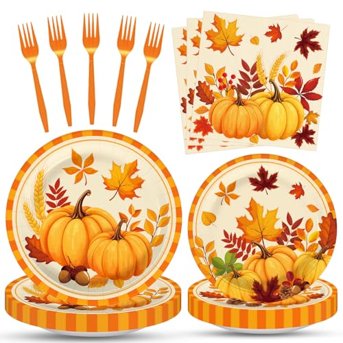 100 Pcs Fall Pumpkin Leaves Tableware Party Supplies Set Serves 25 Disposable Autumn Harvest Paper Plates Napkins and Forks Thanksgiving Day Dinnerware for Friendsgiving Gatherings Decorations