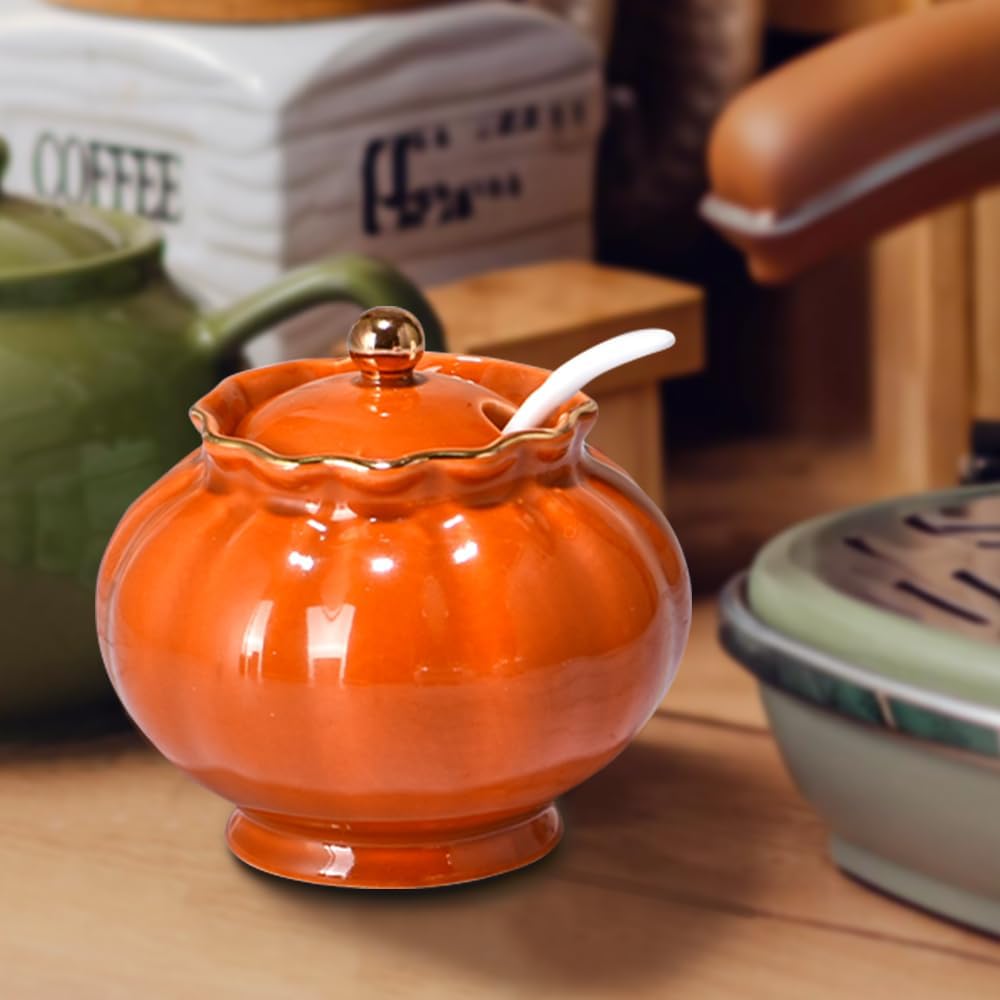 Ceramic Sugar Bowl, Salt Cellar with Lid and Spoon, 9oz Sugar Jar for Coffee Bar, Salt Box Sugar Containers for Seasoning, Spice, Sauce, Elegant Decor for Kitchen Countertop