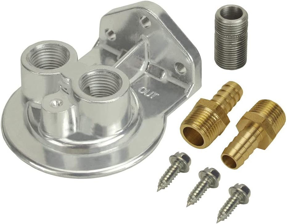 Oil Filter Mount, Ports Up, 1/2 in NPT Female Ports, 3/4-16 in Center Thread, Aluminum, Polished, Universal, Kit