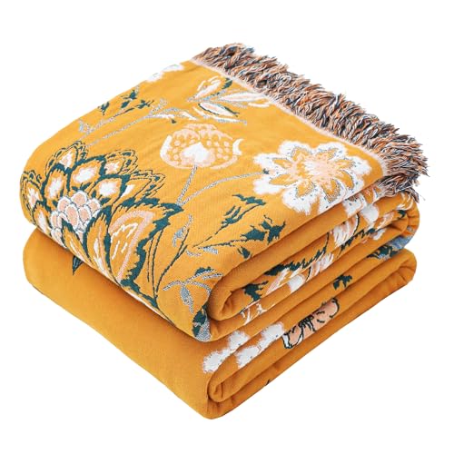 Boho Large Throw Blanket, 100% Organic Cotton Breathable Soft Bed Throw - Floral Bird Farmhouse Decor Blanket for Sofa Couch Chair Quilt and Gift. (Flower-Art, 80" x 90")