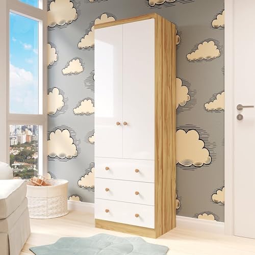 Guarda-roupa Infantil 2 Portas 3 Gavetas 100% Mdf Smim New Branco Brilho/Amêndoa