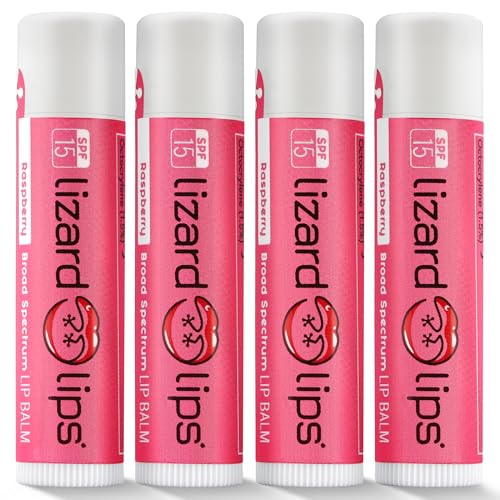 LizardLips リップクリーム SPF 15;ラズベリー4個パック、天然保湿保湿リップサンスクリーン;明るいフルーティーな風味;楽しい風変わりなビーチバケーション必需品の商品画像（Amazon）