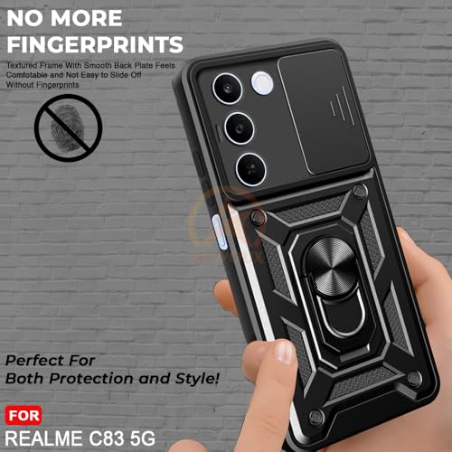Image of Armor Bumper Back Cover Case for Realme C83 5G | Rotating Camera Cover, Ring Holder & Kickstand | Heavy Duty & 360 Degree Protection Realme C83 5G Back Cover (Black)