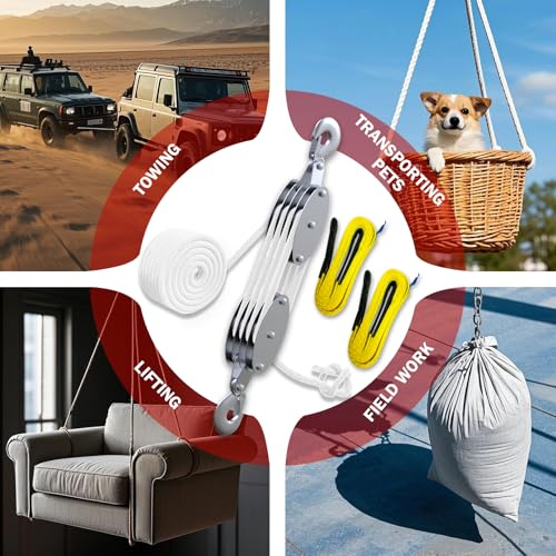 YATOINTO Upgraded Rope Pulley Hoist 4400 LB, 8:1 Pulley Block and Tackle System, Pulley Block 2200LB Loading Capacity, 65ft Heavy Duty Rope Hoist for Hunting Garage Warehouse (with 2PCs Straps) YATOINTO Upgraded Rope Pulley Hoist 4400 LB, 8:1 Pulley Block and Tackle System, Pulley Block 2200LB Loading Capacity, 65ft Heavy Duty Rope Hoist for Hunting Garage Warehouse (with 2PCs Straps) - Image 5