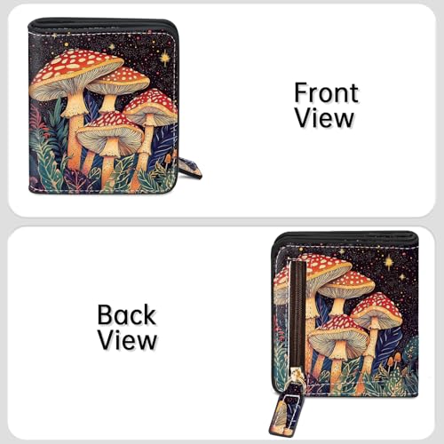 Image of Toughergun Mushroom Night RFID Small Wallet Women, Slim Thin Vegan Leather Bifold Wallet with Zipper Coin Pocket & ID Window, Cute Mini Credit Card Holder Gift for Women Ladies Teen Girls