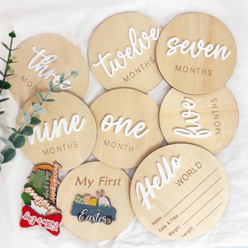 Image of Monthly Baby Milestone Maker Discs, Baby Milestone Signs for Newborn Baby, Hello World Newborn Sign for Baby Girl & Boy, Baby Announcement Sign for 1-12 Month, Milestone Wooden Circles (White)