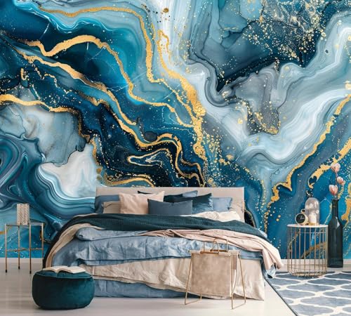 AFZEVEB-Blue and Gold Marble Wallpaper Abstract Art Wall murals for Bedroom 114'x74' (Not Peel and Stick)