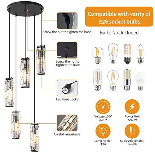 Image of LMQNINE Pendant Light, Black Modern Pendant Light Fixtures, Mini Crystal Chandeliers, Adjustable 5-Light Pendant Lighting for Kitchen Island Dinning Room Bedroom (Black 5-Light)