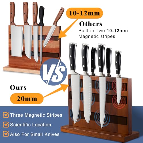 ENOKING Magnetic Knife Block 12.5 x 9 Inches, Double Side Magnetic Knife Holder Built in Three Powerful Magnets Strip, Acacia Wood Universal Knife Storage Organizer for Kitchen Counter