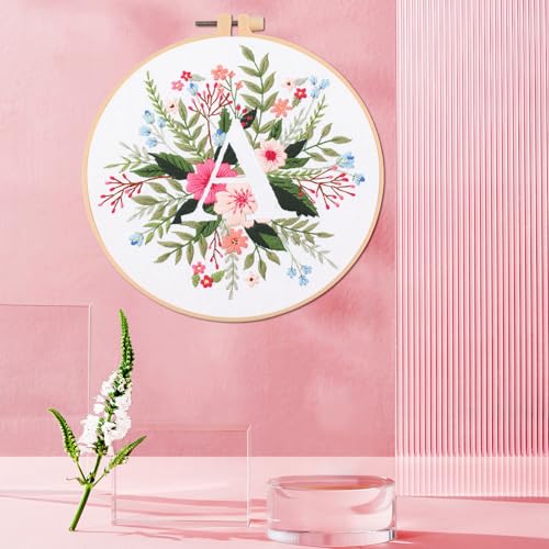 Image of IUHUI Embroidery Kit for Beginners Adults - 26 Floral Letters Easy Patterns, DIY Hand Stitching Embroidery Set with Hoop (Flower and Grass Letter A)