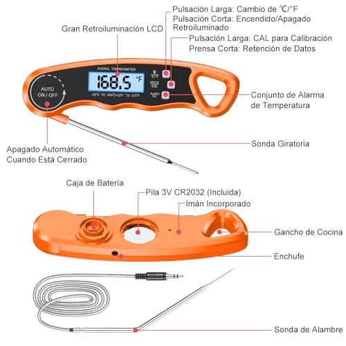CIRYCASE Termometro Cocina, Termometro Horno Digital de Lectura Rápida & Precisa con 102cm Sonda de Alambre, Calibration & Pantalla LCD, Termometro Barbacoa para Carne, BBQ, Comida, Horno, Liquidos - imagen 7