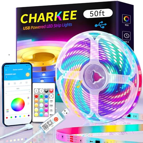 CHARKEE 50ft LED Lights USB-Powered, RGB Strip Lighting for Bedroom/TV Backlight/Gaming Lighting...