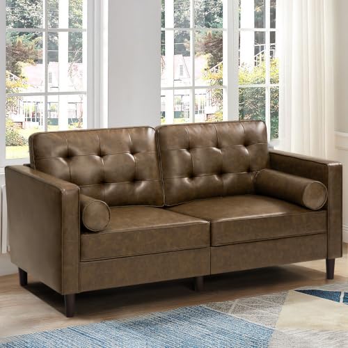 Image of 67 inch Premium Faux Leather 2-Seater Sofa with 2 Bolster Pillows and Tufted Backrest, Mid-Century Modern Loveseat Sofa, Luxury Couch for Living Room, Bedroom, Office, Coffee Brown