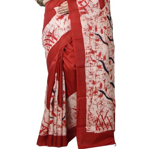Image of 3stones Women's Mulberry Silk Saree | Printed Handwoven, Hand Batik Pure Saree with Unstiched Blouse Material Piece | Suitable for All Indian Weddings & Festivals | Traditional flower Prints