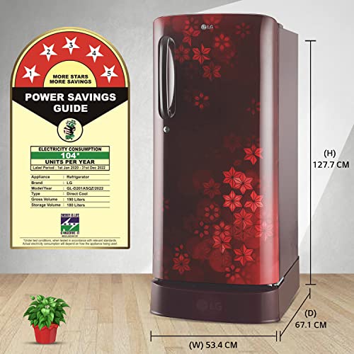 Image of LG 190 L 5 Star Inverter Direct-Cool Single Door Refrigerator Appliance (GL-D201ASQZ, Scarlet Quartz, Base stand with drawer & Fast Ice Making, 2022 Model)