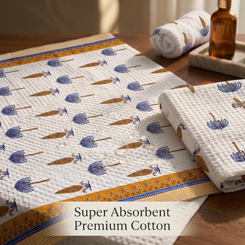 Image of Mafatlal Madhuban Waffle Cotton Set (1 Bath 147x76 cm + 2 Hand 76x38 cm) | 250 GSM | Lightweight, Quick Dry & Hand Printed | Almond Color