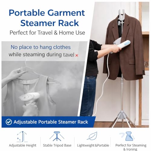 Image of DOCAT Adjustable Garment Steamer Rack for Clothes | Portable Steam Iron Stand with Rotating Hanger & Clips | Height Adjustable Ironing Hanger Stand for Shirts, Suits, Dresses & Pants