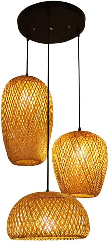 Lámpara Colgante De Ratán Rústico Lámpara Colgante De Bambú De Casa De Campo 3 Luces Cesta De Mimbre Araña Tejida Sala De Estar Bar Comedor Iluminación Colgante De Techo