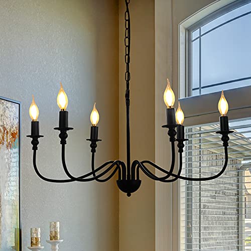 Get Cheap Price Black Farmhouse Chandelier 6-Light Dining Room Lighting Fixtures Hanging, Iron Rustic Industrial Candle Ceiling Pendant Light for Foyer Living Room Kitchen Island Bedroom